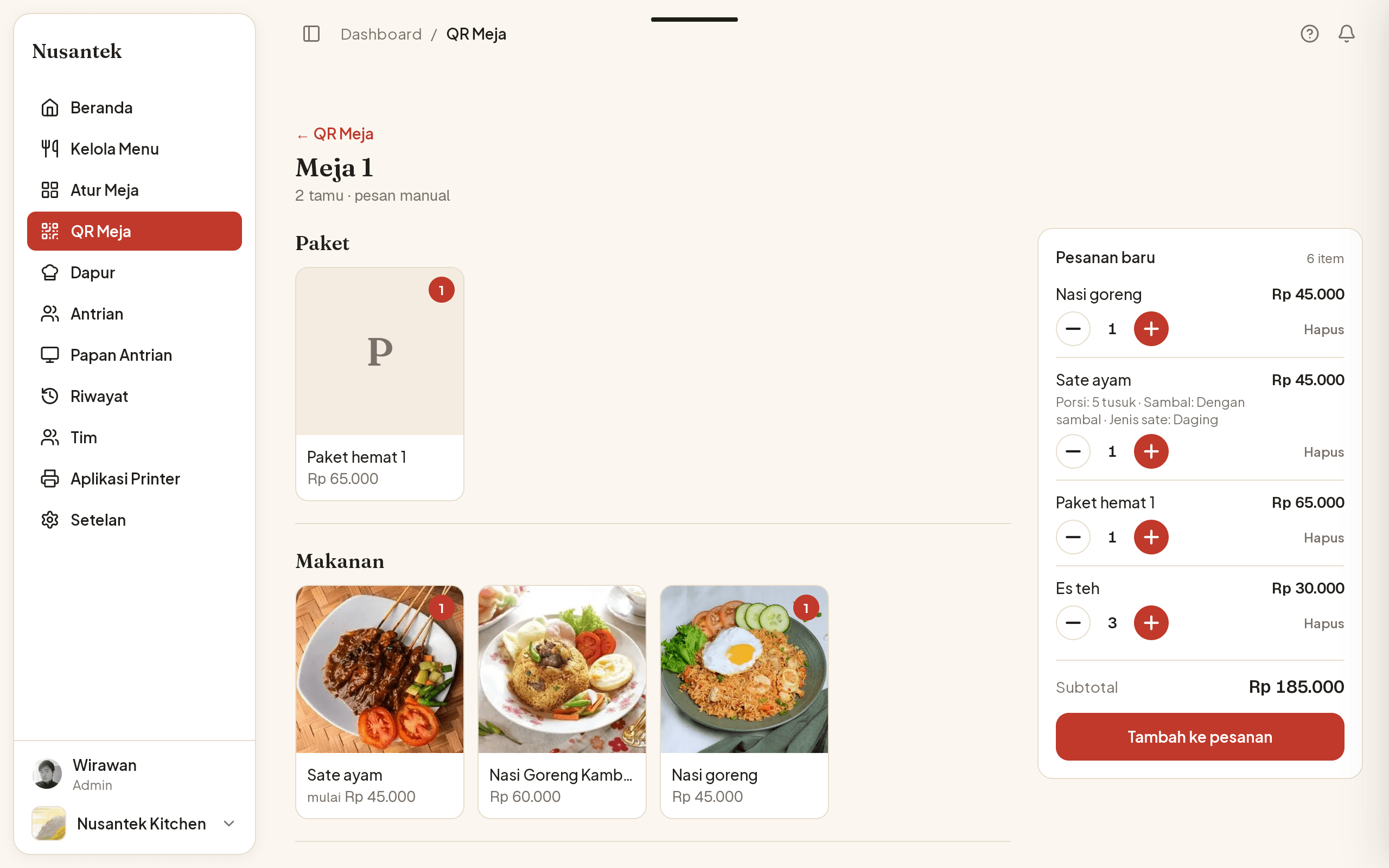 Layar pesan QR meja Nusantek: daftar menu berfoto dan ringkasan pesanan dengan total Rp 185.000