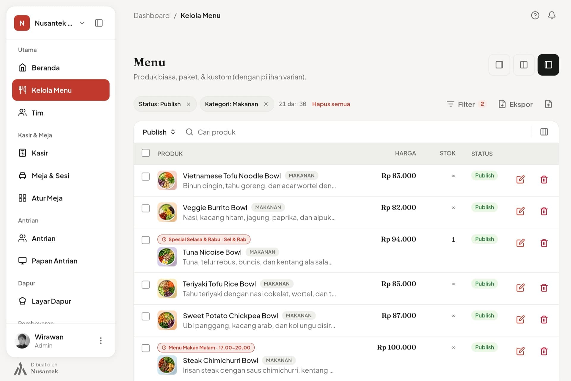 Halaman Kelola Menu Nusantek: daftar produk berfoto dengan harga, stok, dan status publish.